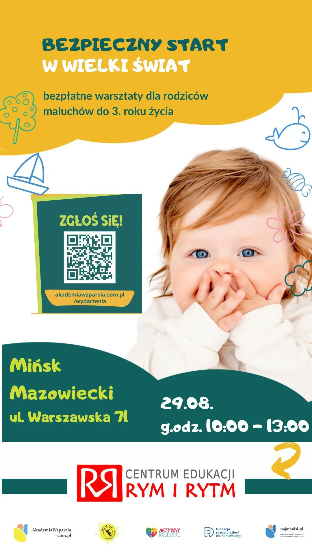 Kliknięcie powiększy obraz. Uśmiechnięte niemowlę trzymające ręce przy ustach na tle napisu o bezpłatnych warsztatach dla rodziców dzieci do 3 lat organizowanych w Mińsku Mazowieckim.