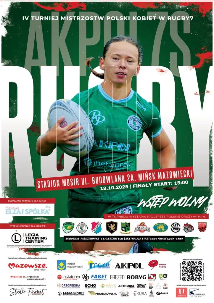 Kliknięcie powiększy obraz. Kobieta w zielonym stroju sportowym trzyma piłkę do rugby na tle zielono-czerwonej grafiki z dużym napisem „Rugby”. Informacje o IV Turnieju Mistrzostw Polski Kobiet w Rugby7, data 18.10.2025, miejsce stadion MOSiR w Mińsku Mazowieckim, godzina finałów 15:00. Logotypy sponsorów i drużyn poniżej.