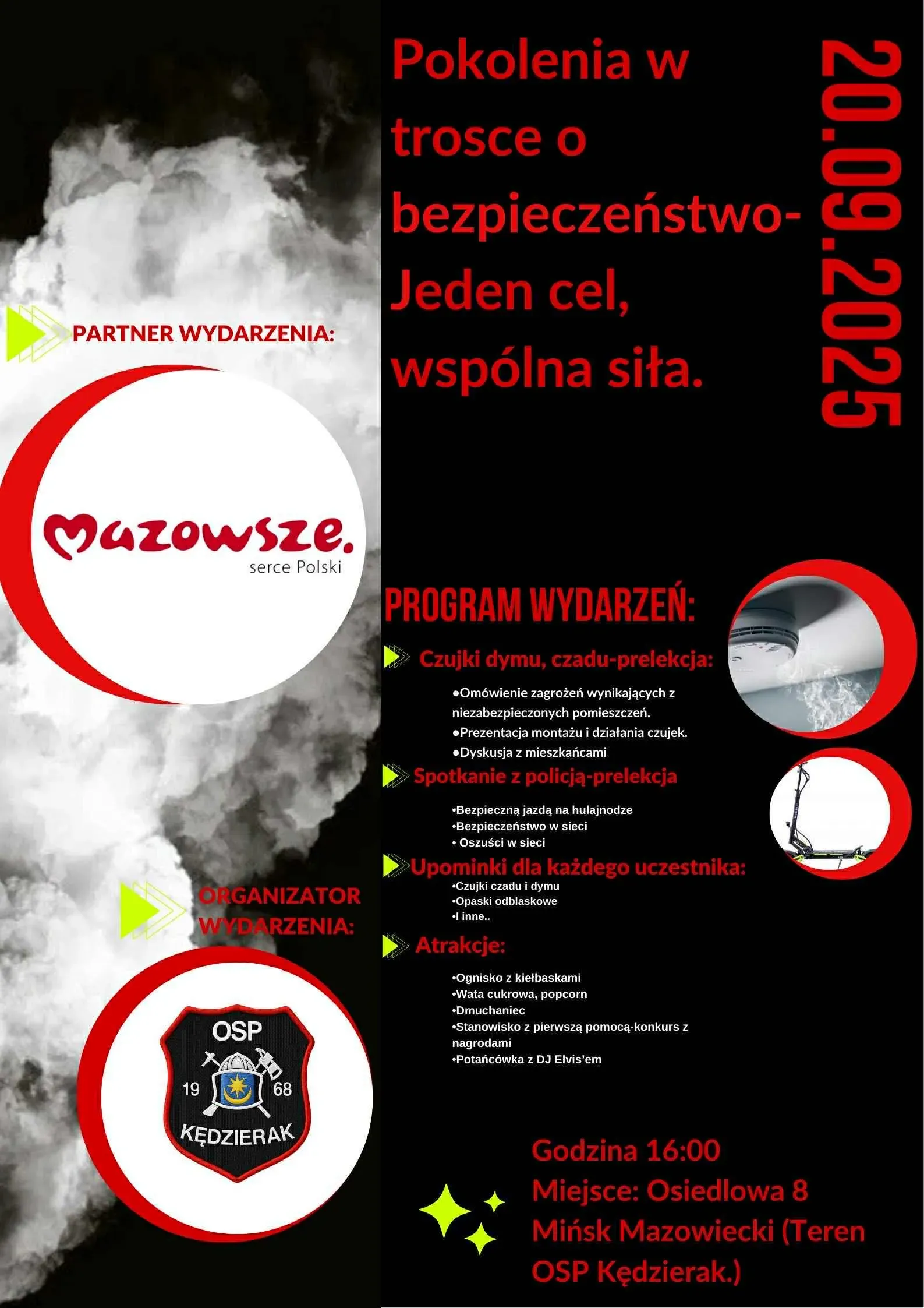 Kliknięcie powiększy obraz. Czarne tło oraz białe i czerwone napisy. Po lewej stronie logotypy partnera i organizatora. Po prawej stronie znajduje się tekst informacyjny z dwoma małymi zdjęciami w czerwonych okręgach.