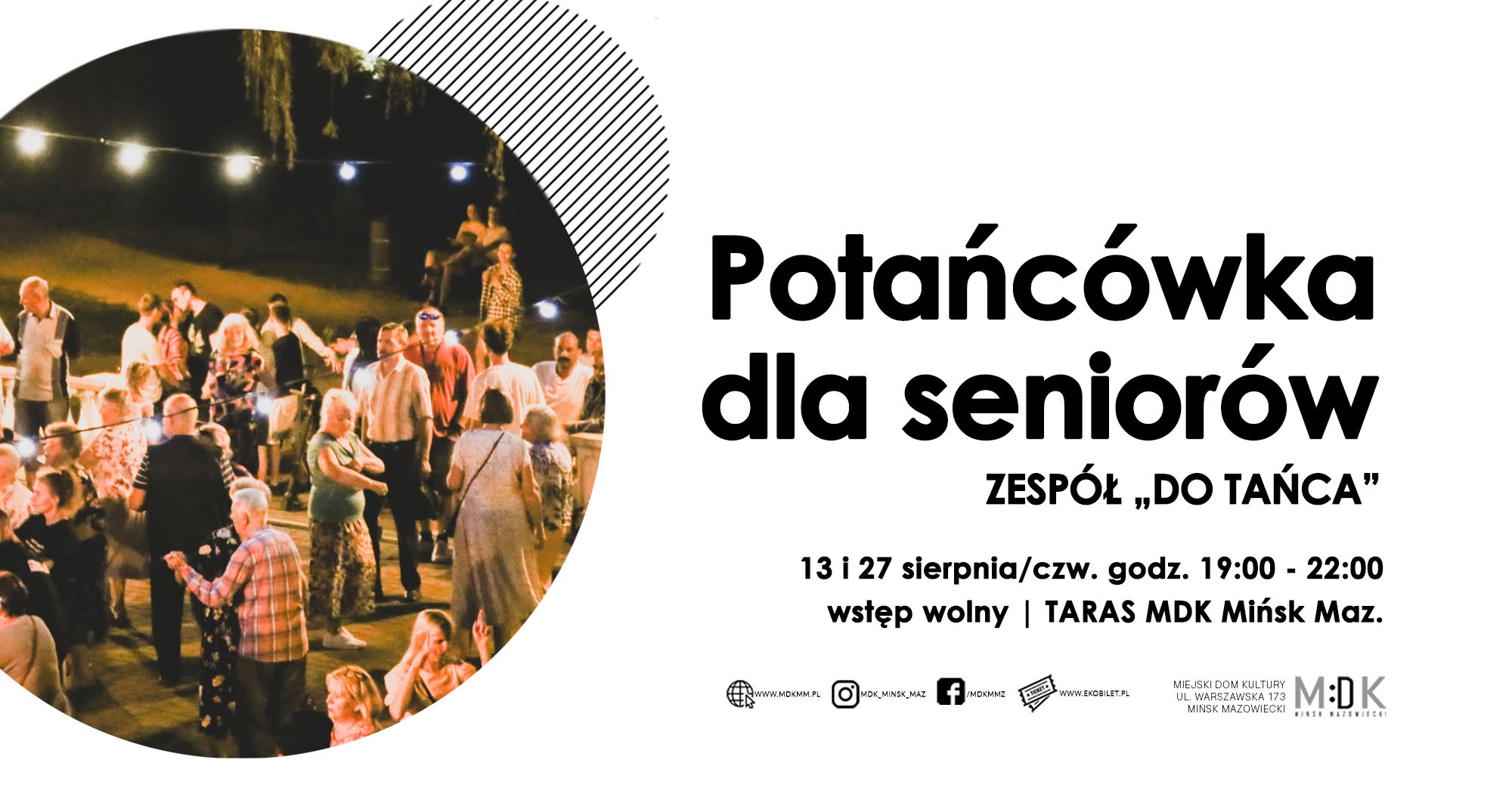 Kliknięcie powiększy obraz. Grupa seniorów tańczy i rozmawia na zewnętrznym, nocnym tarasie przy wiszących lampkach. Scena widoczna w półkolu po lewej stronie. Prawa część obrazu ma białe tło i duże puste pole.