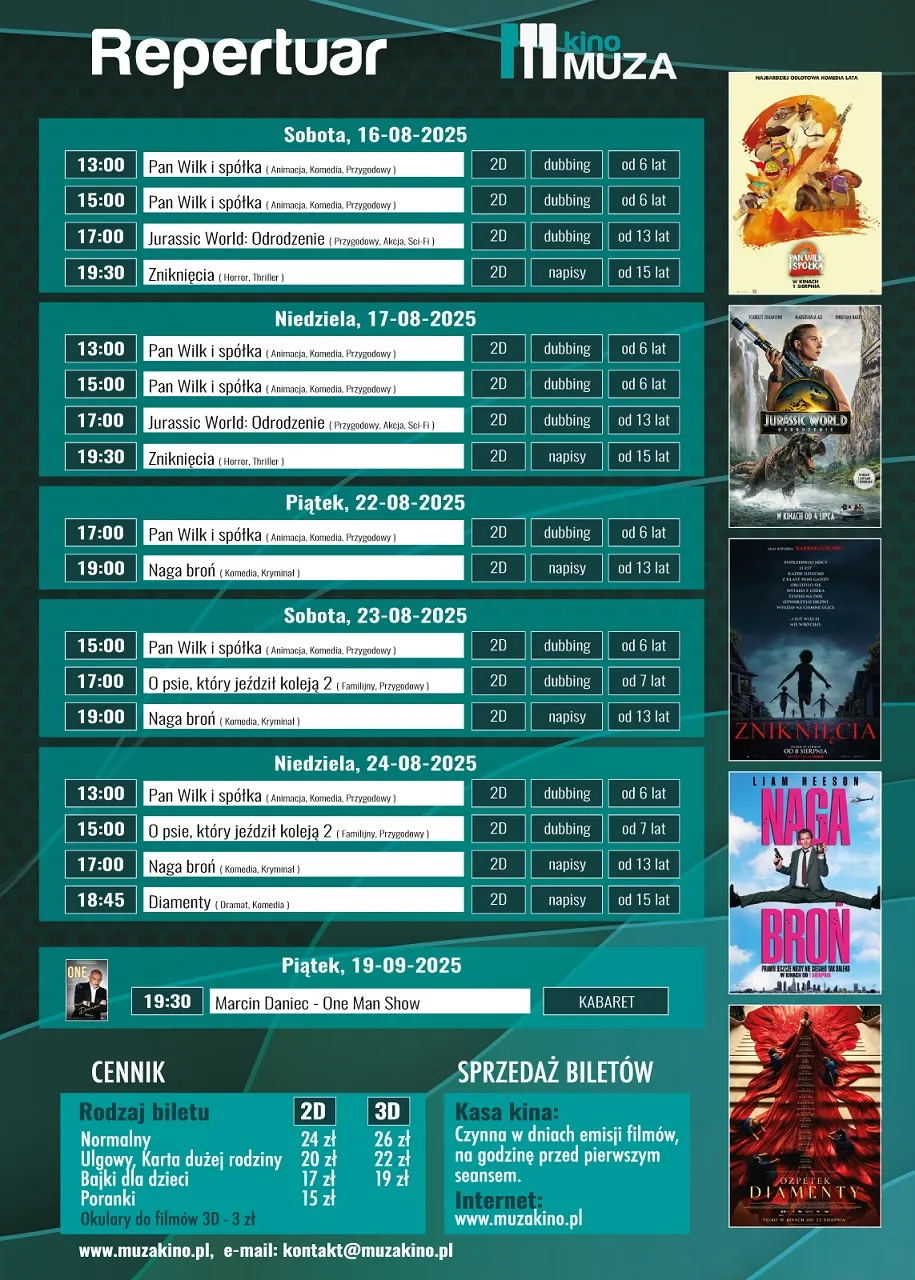 Kliknięcie powiększy obraz. Repertuar kina Muza z wykazem filmów i seansów, informacjami o cenach biletów i sprzedaży na zielonym tle. Po prawej stronie kolorowe plakaty filmowe.