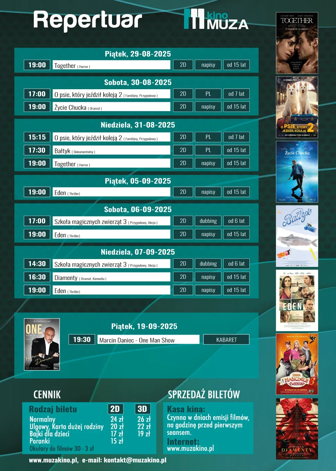 Kliknięcie powiększy obraz. Repertuar kina Muza z wykazem filmów i seansów po lewej. Po prawej stronie kolorowe plakaty filmowe.