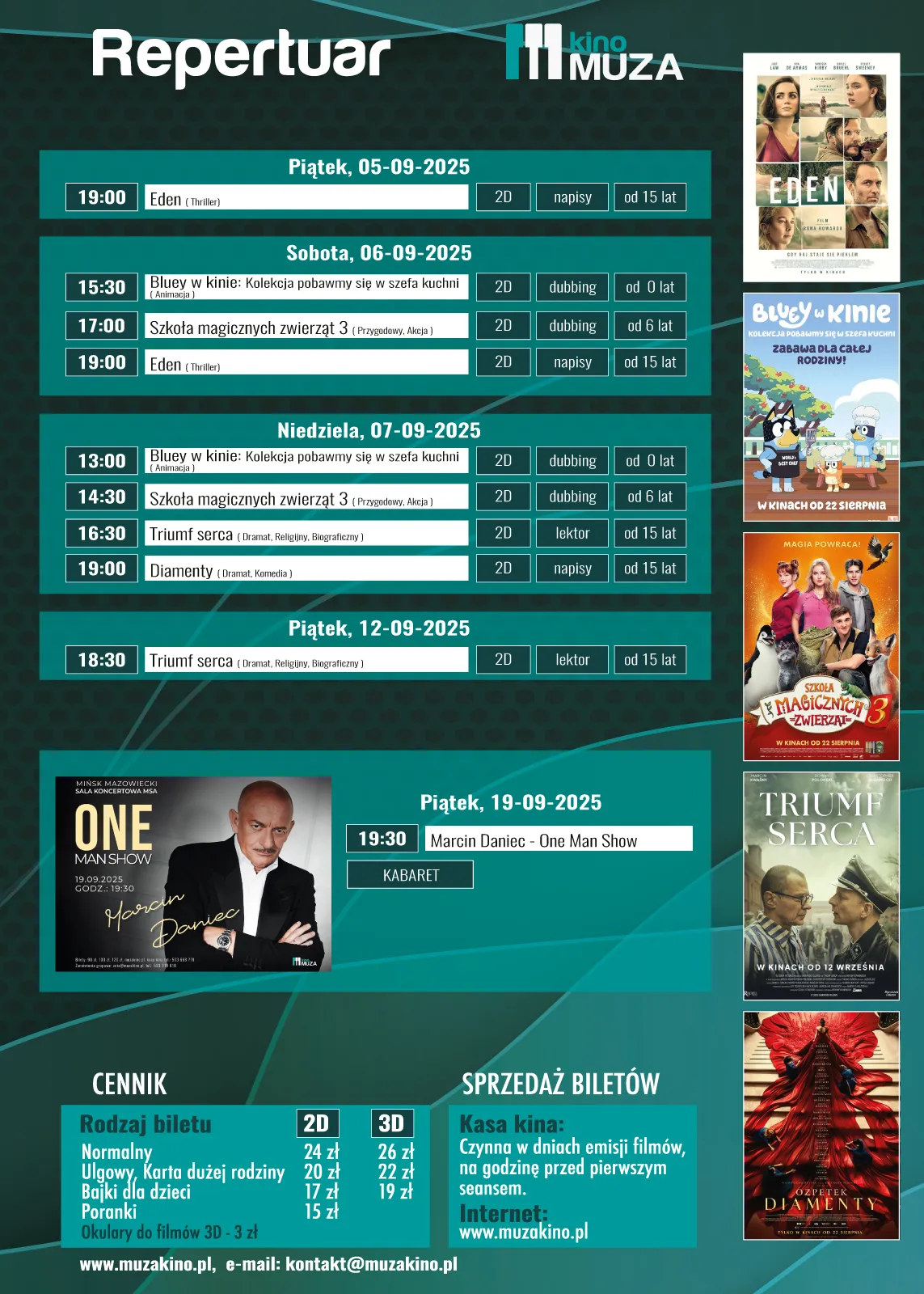 Kliknięcie powiększy obraz. Repertuar kina Muza z datami, godzinami, tytułami filmów i informacjami o formacie i wieku widzów od 5 do 19 września 2025, z cennikiem biletów i sprzedażą oraz plakatami filmów po prawej stronie.