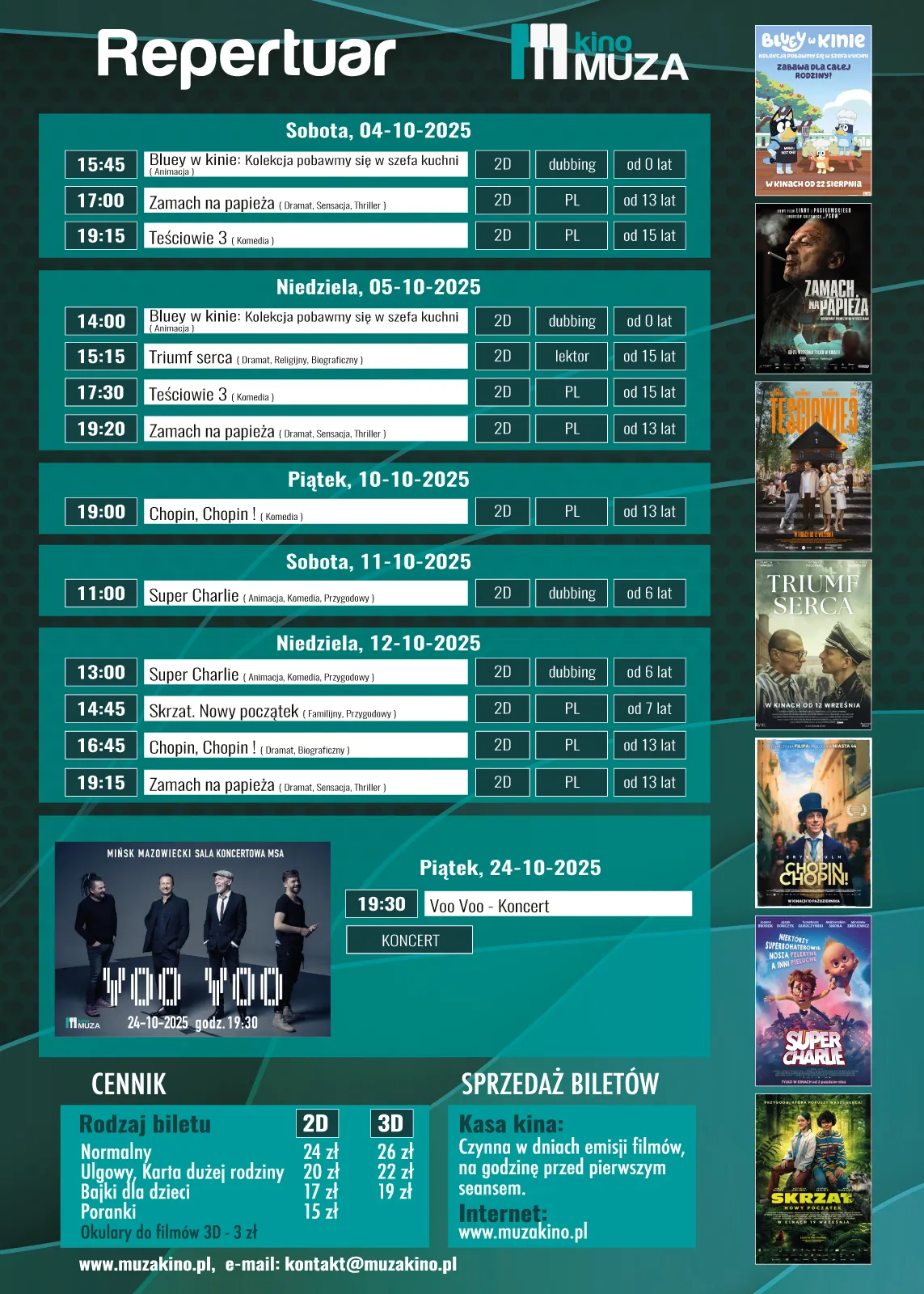 Kliknięcie powiększy obraz. Repertuar kina Muza z informacjami o filmach i wydarzeniach od 4 do 24 października 2025, z godzinami seansów, formatem, językiem i kategorią wiekową oraz cennikiem i zasadami sprzedaży biletów.