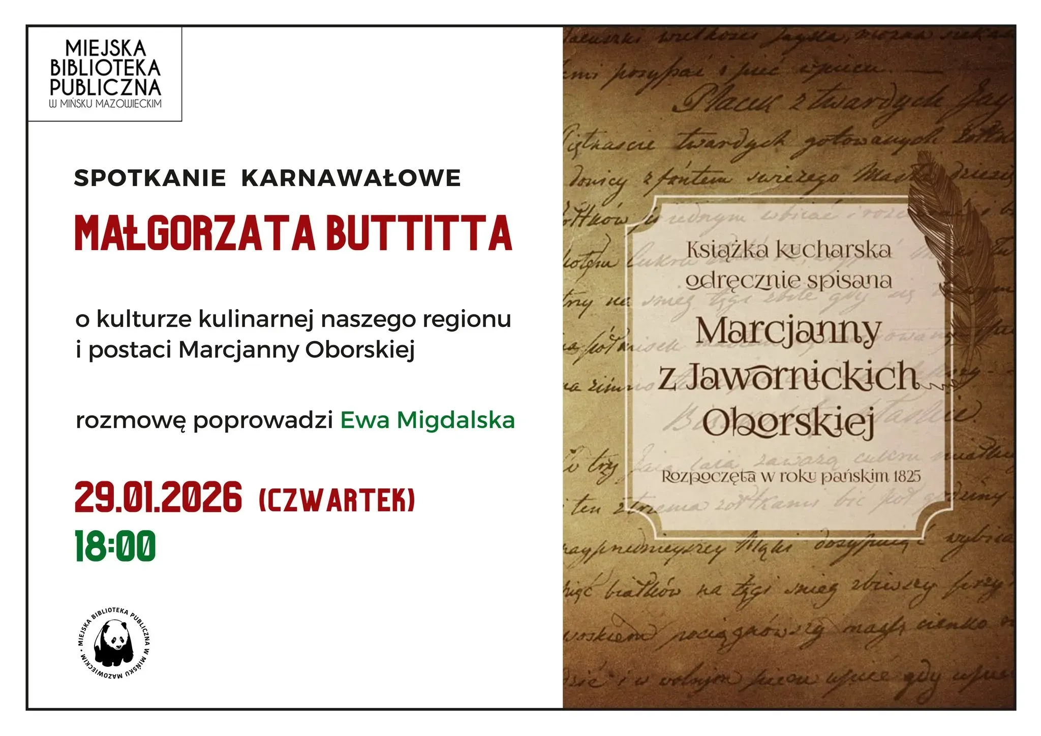 Kliknięcie powiększy obraz. Po prawej stronie fragment okładki ręcznie spisanej książki kucharskiej Marcjanny z Jawornickich Oborskiej na tle starego, ręcznego pisma. Po lewej na bialym tle kolorowe informacje
