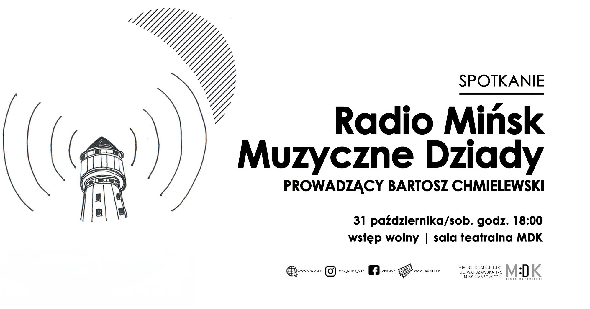 Kliknięcie powiększy obraz. Po lewej ręcznie narysowana latarnia z koncentrycznymi falami radiowymi i ukośnym kreskowaniem w górnym rogu. Po prawej duże pogrubione nagłówki tekstowe i mniejsze linie informacji poniżej. Tło białe, układ poziomy.