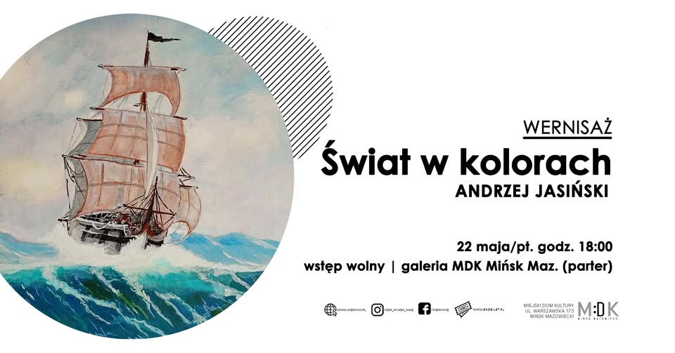 Kliknięcie powiększy obraz. Na białym tle po lewej znajduje się okrągłe malowidło statku z trzema masztami i beżowymi żaglami płynącego po falującym zielono-niebieskim morzu. Po prawej widoczny jest czarny blok nagłówka i dodatkowe wiersze tekstu w różnych rozmiarach. U dołu po prawej znajdują się małe czarne ikony i logotypy.