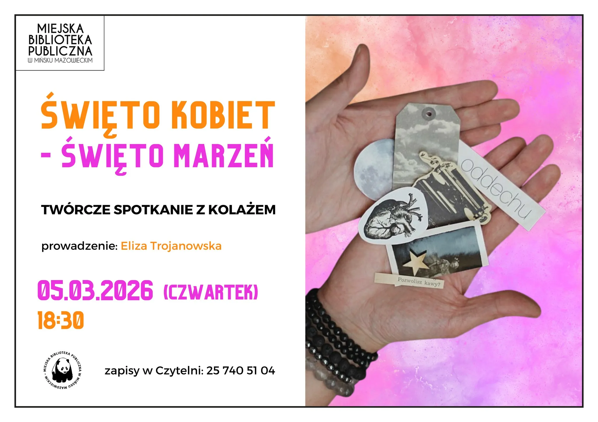Kliknięcie powiększy obraz. Dwie otwarte dłonie ułożone jedna nad drugą trzymają kolaż z wyciętych papierowych elementów. Kolaż zawiera małe obrazki, tagi i grafikę serca na tle jasnoróżowo-pomarańczowej akwareli. Po lewej stronie karta z białym tłem ma logo biblioteki i czarną ramkę. Tło za dłońmi ma różowe i pomarańczowe plamy przypominające rozmytą farbę.