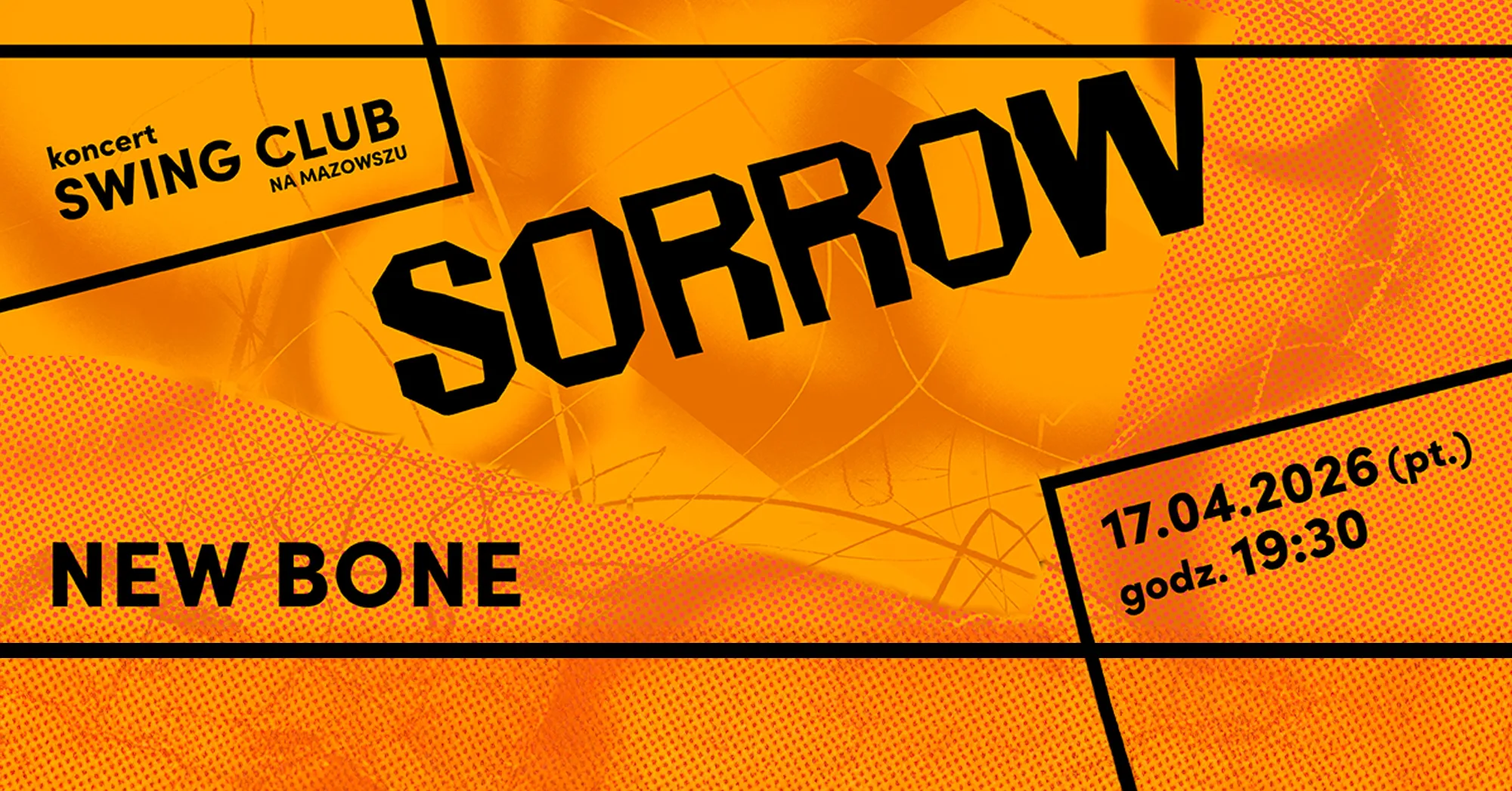 Kliknięcie powiększy obraz. Jaskrawopomarańczowe tło z czerwonawym kropkowaniem i teksturą. Czarny, ukośny, geometryczny duży nagłówek na środku. Mniejsze czarne napisy w lewym górnym i lewym dolnym rogu. W prawym dolnym rogu czarna ramka z pionowym napisem i cyframi. Czarne poziome i ukośne linie dzielą kompozycję.