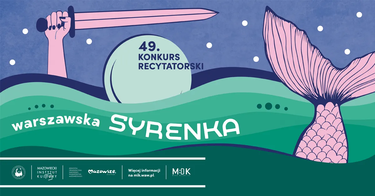 Kliknięcie powiększy obraz. Stylizowana grafika z zielonymi falami na pierwszym planie. Po lewej wystaje różowa ręka z podniesionym mieczem. Po prawej widać różowy ogon syreny unoszący się z wody. W tle fioletowe niebo z białymi kropkami i jasny okrąg przypominający księżyc.