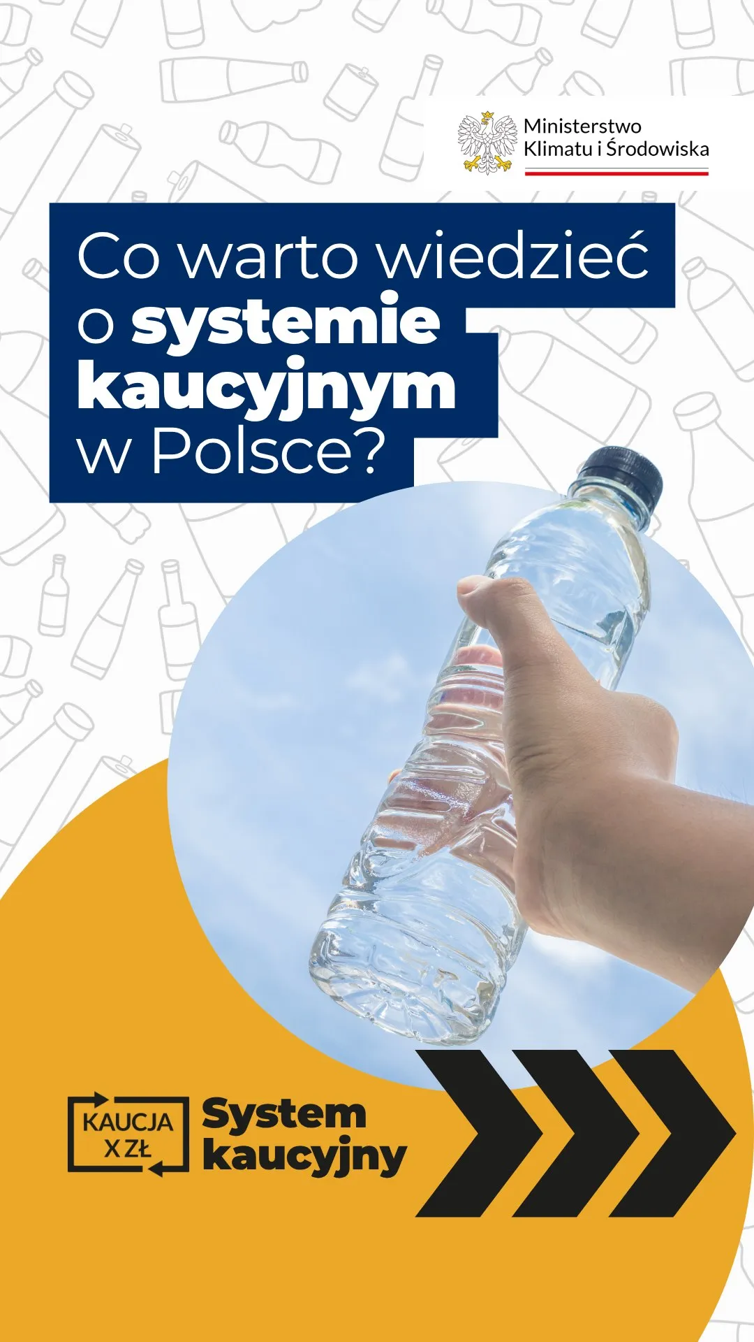 Kliknięcie powiększy obraz. Grafika z napisem dotyczącym systemu kaucyjnego w Polsce, pokazująca dłoń trzymającą plastikową butelkę na tle nieba, z logo Ministerstwa Klimatu i Środowiska.