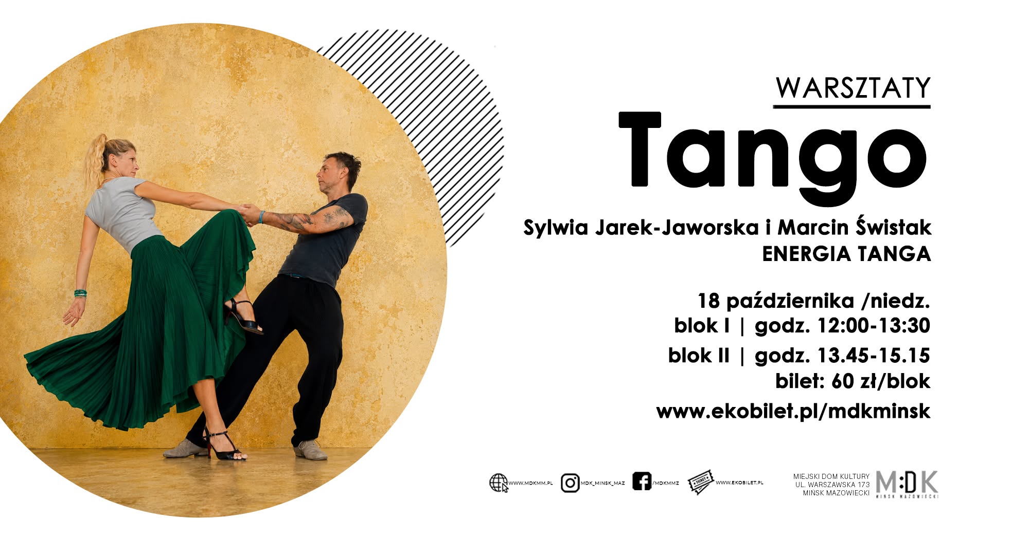 Kliknięcie powiększy obraz. Dwoje tancerzy tańczy tango po lewej stronie na okrągłym, ochrowym tle. Kobieta w zielonej, rozkloszowanej spódnicy i szarej bluzce odchyla się do tyłu trzymając mężczyznę za ręce. Po prawej stronie widoczna jest duża biała przestrzeń z czarnymi, grubymi napisami i informacjami.