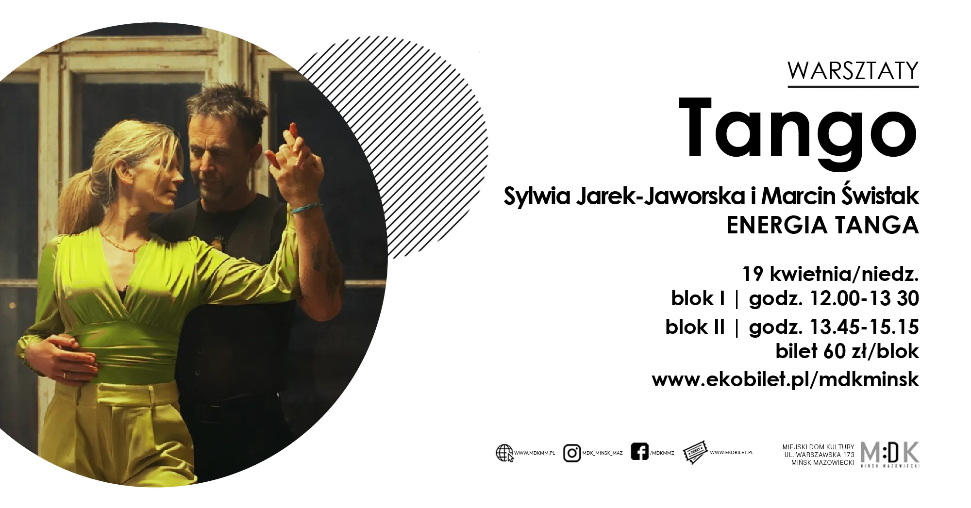 Kliknięcie powiększy obraz. Para tańcząca tango wewnątrz, kobieta w zielonym stroju trzyma partnera za ramię i dłoń. Lewa część obrazu ma okrągłe zdjęcie na ciemnym tle; prawa część ma jasne, białe tło z zwartym, czarnym układem tekstu i logotypami na dole.