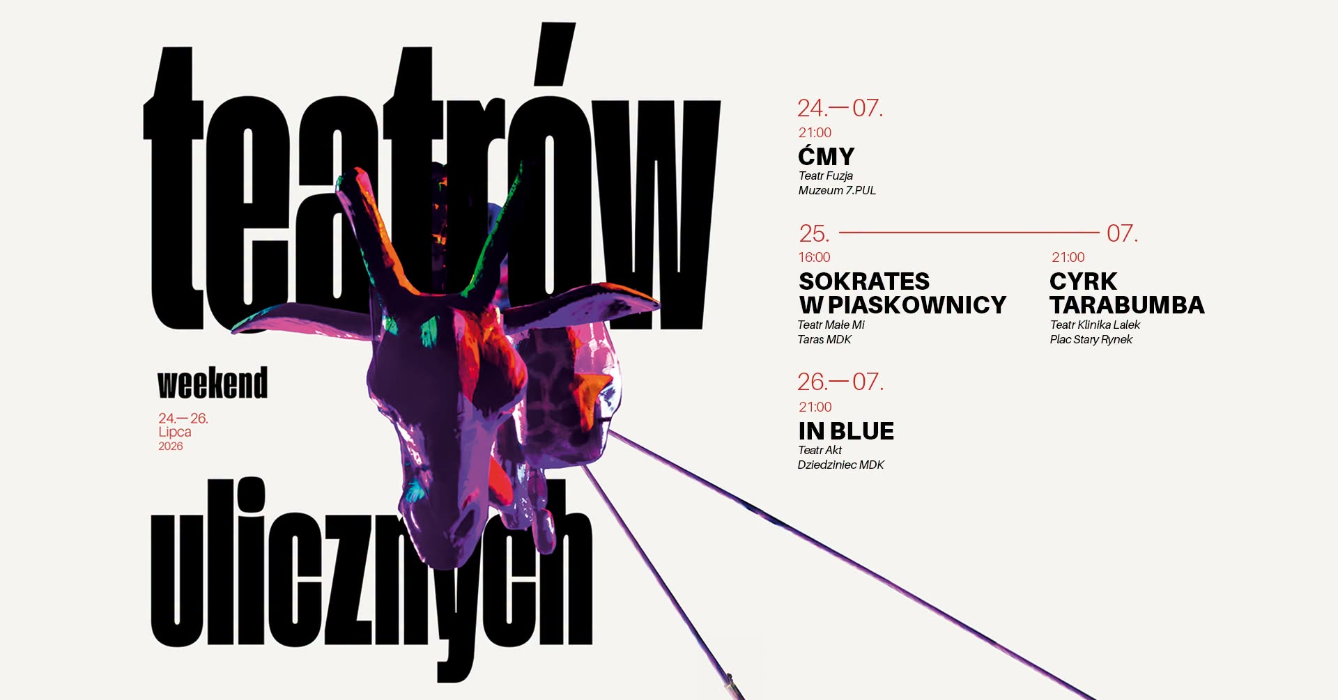 Kliknięcie powiększy obraz. Jasne beżowe tło z dużymi czarnymi pionowymi blokami typografii po lewej i prawej. Na środku znajduje się kolorowa, dwugłowa głowa kozy z neonowymi plamami fioletu, różu i zieleni. Z głowy wychodzą trzy cienkie ukośne linie w prawo.