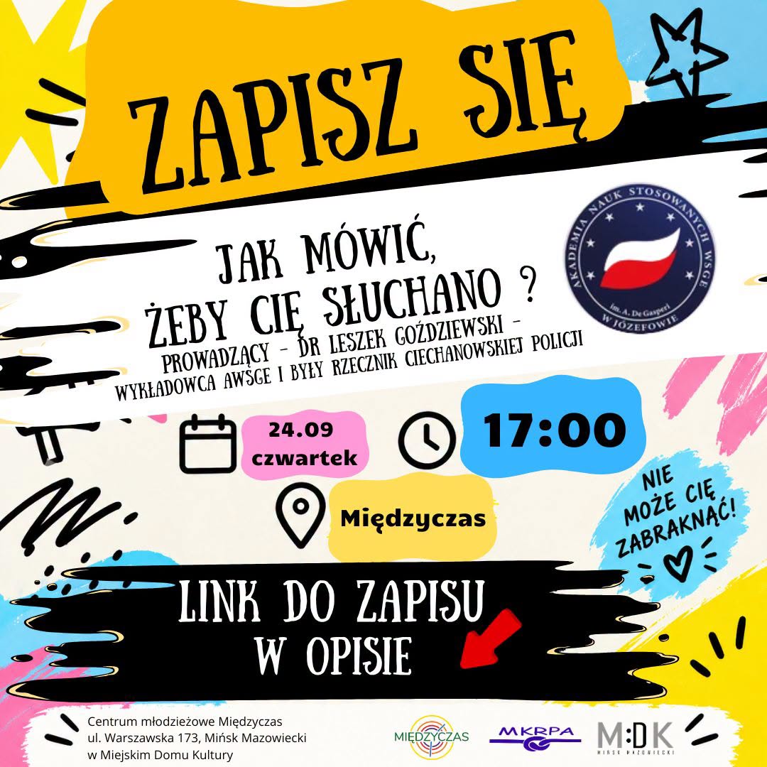 Kliknięcie powiększy obraz. Kolorowa plakatowa grafika z dużym żółtym banerem u góry. Czarne pociągnięcia pędzla i pastelowe plamy koloru w tle. Okrągłe oficjalne logo po prawej stronie. Ikony kalendarza, zegara i pinezki w centralnej części. Czarny prostokąt z czerwoną strzałką u dołu. Informacje rozmieszczone warstwami na jasnym tle.