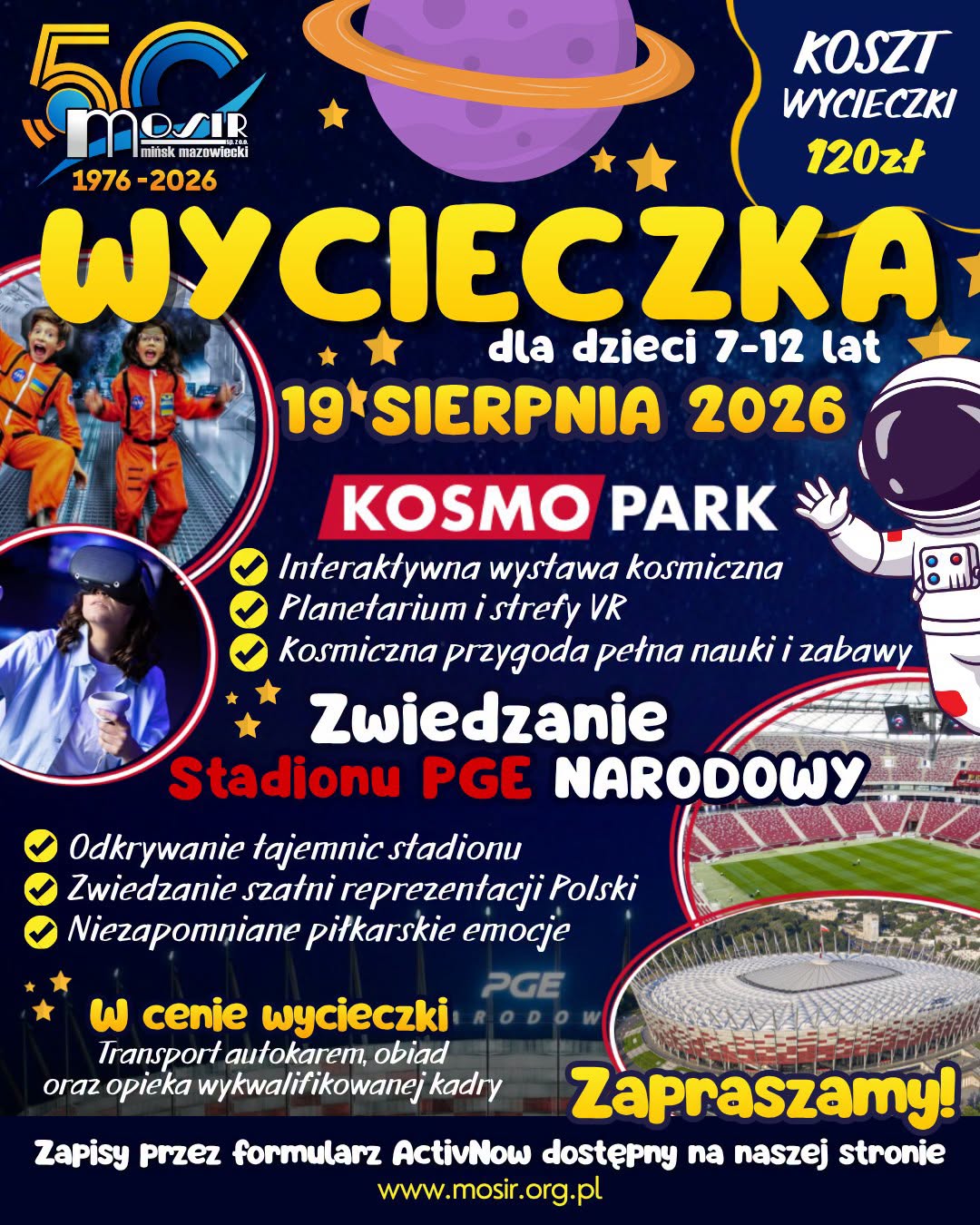 Kliknięcie powiększy obraz. Ciemne, gwiaździste tło z dużym, żółtym nagłówkiem. Fioletowa planeta z pierścieniem w górnej części. Po lewej dzieci w pomarańczowych skafandrach; poniżej dziewczynka z zestawem VR. Po prawej rysunkowy astronauta i okrągłe zdjęcia stadionu piłkarskiego. Dominujące kolory to granat, żółć, czerwony i fiolet.