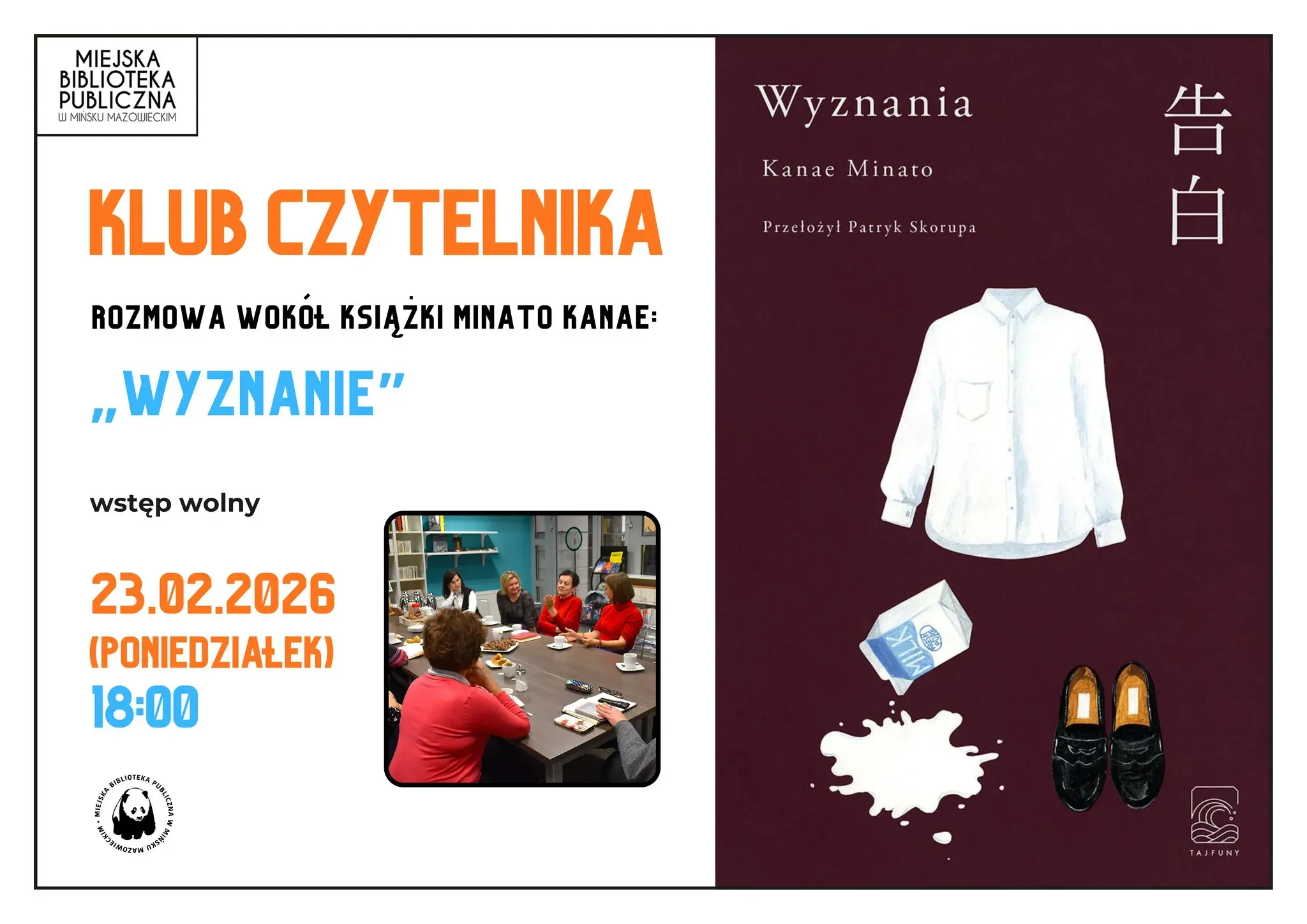 Kliknięcie powiększy obraz. Plakat podzielony pionowo: lewa połowa ma białe tło z pomarańczowym nagłówkiem i małym zdjęciem grupy czterech osób siedzących przy stole w bibliotece; napisy wyróżnione pomarańczowym i niebieskim kolorem. Prawa połowa ma ciemnoczerwone tło z ilustracją białej koszuli, przewróconego kartonu mleka z rozlaną białą plamą i pary czarnych butów.
