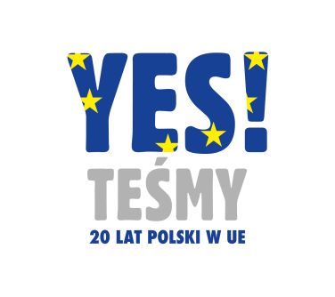 Na białym tle niebiesko-szary napis yesteśmy 20 lat Polski w UE