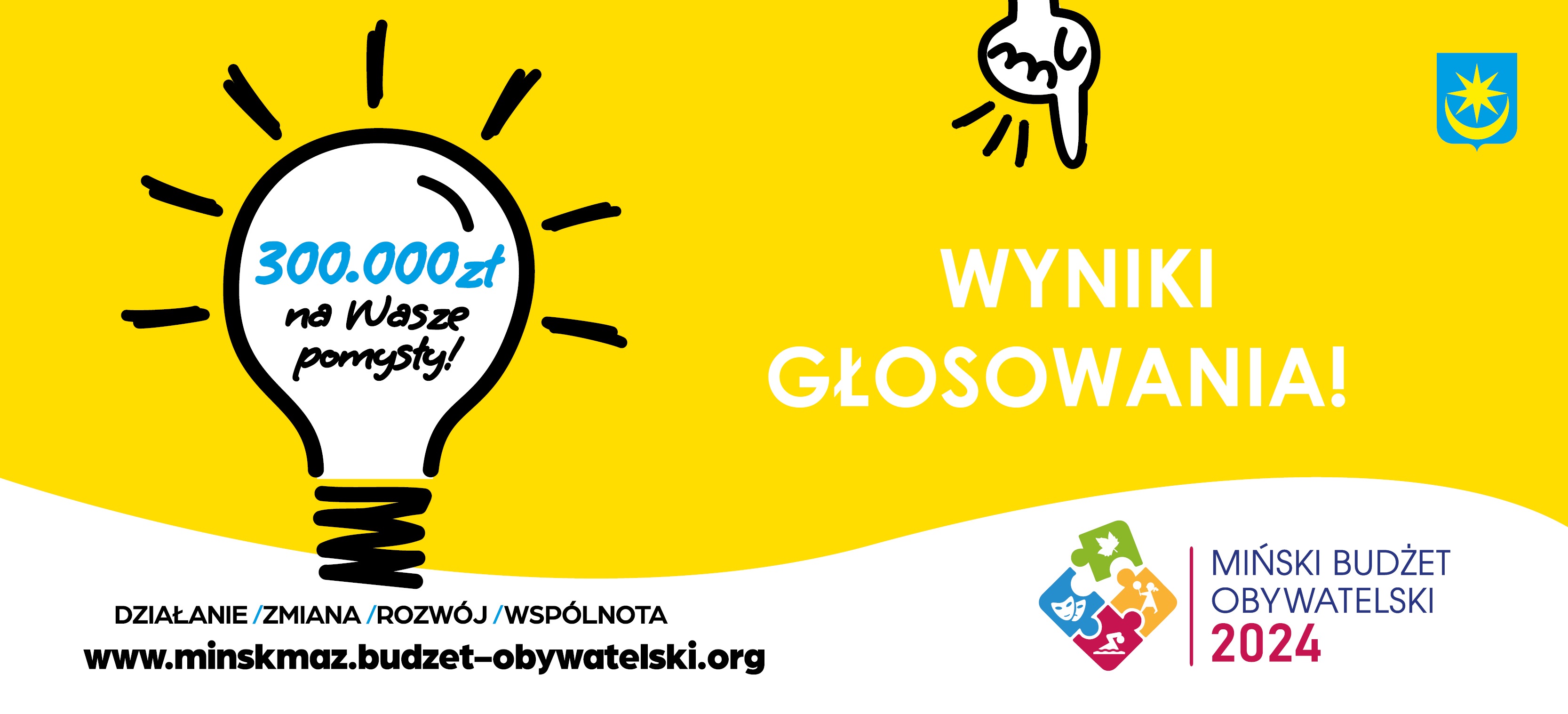 Biała zarówka obok napis "Wyniki głosowania". Biało-żolte tło.