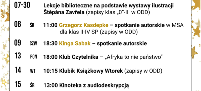 Na jasnym tle harmonogram wydarzeń. Naokoło obramówka ze zlotych gwiazdek