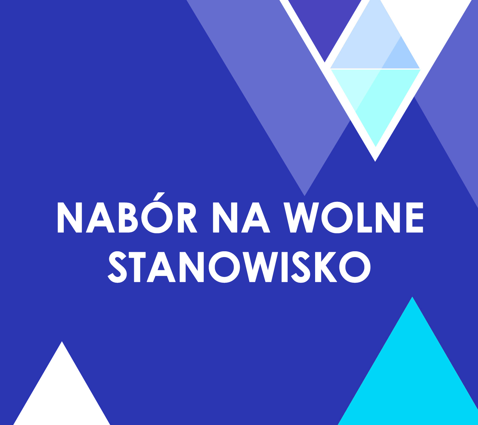 Na granatowym tle napis nabór na wolne stanowisko. Na górze i na dole kolorowe trójkąty