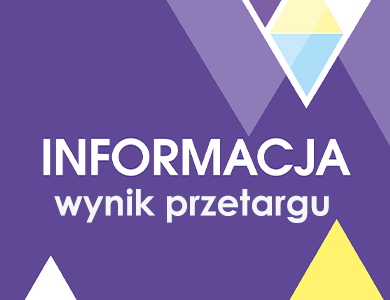 Na fioletowym tle napis informacja wynik przetargu. Na górze i na dole trójkąty