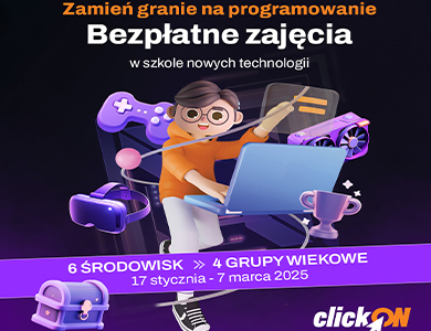 Na ciemnym tle ilustracja postaci w okularach, siedzącej przy laptopie, otoczonej ikonami związanymi z technologią. Naokoło informacje