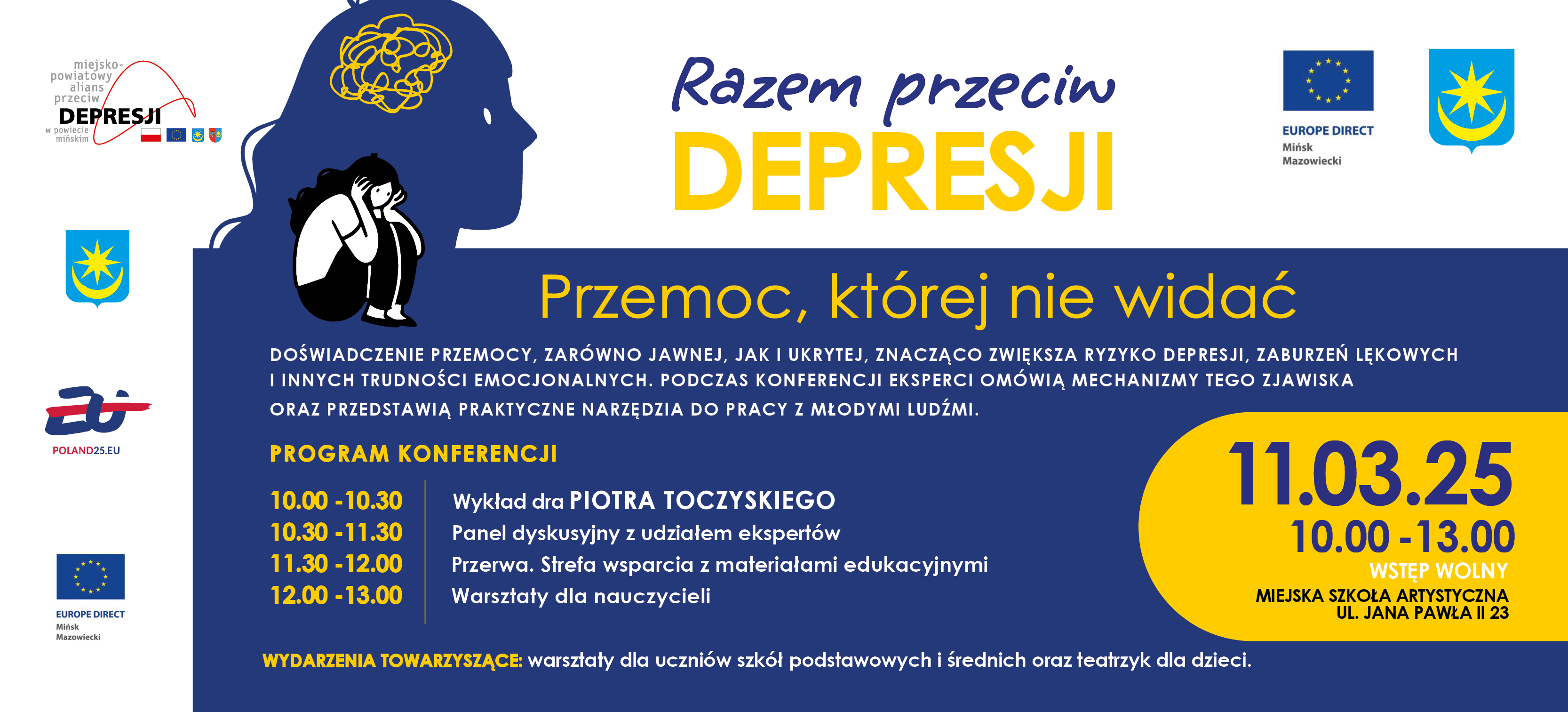 Na górze na bialym tle niebieska głowa na niej kucająca czarno-biała postać kobiety. Dalej na niebieskim tle informacje