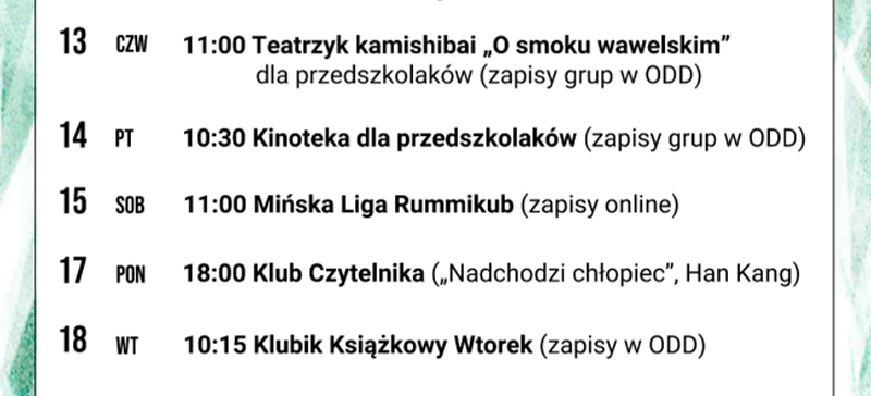 Spis wydarzeń na białym tle. Po obu stronach obramówka zielono-biała