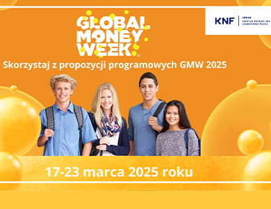 Na żółtym tle informacje. Po środku napis Global Money Week 2025. Po środku cztery osoby