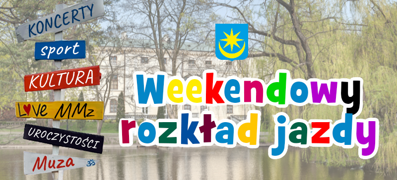 Na jesiennym tle napis weekendowy rozkład jazdy. Po lewej drogowskazy